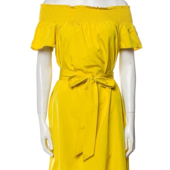 Tory Burch Silk Midi Dress Yellow Ruffle Short Sleeve Off-The-Shoulder M ($448) - Picture 2 of 7
